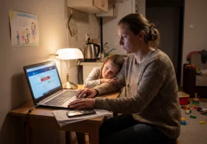 Mama z córką przy kuchennym stole sprawdza na laptopie zablokowane konto bankowe ze świadczeniem 800 plus w trakcie upadłości konsumenckiej.