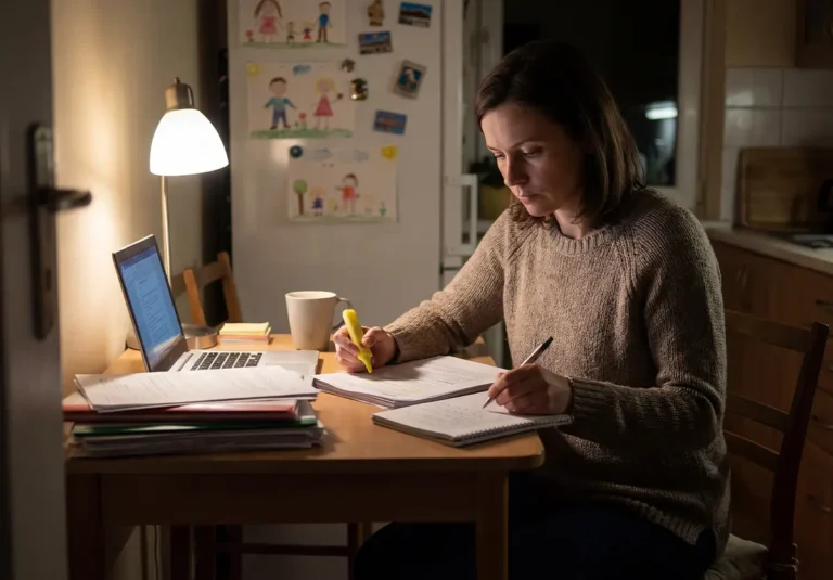 Kobieta przy kuchennym stole wieczorem porządkuje dokumenty i rachunki, robi notatki i zaznacza najważniejsze dane, dokumentując nowe długi w trakcie upadłości konsumenckiej.