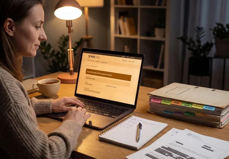 Kobieta przy biurku sprawdza w laptopie status dekretacja wniosku w systemie KRZ; obok leży segregator z opisanymi zakładkami (wniosek, zażalenie, skarga, doręczenia, oś czasu) i notatnik z datami – porządkowanie dokumentów w upadłości konsumenckiej.