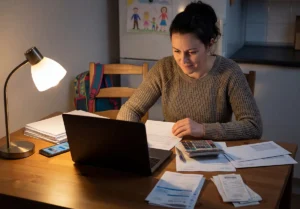 Kobieta przy stole w mieszkaniu przegląda dokumenty i rachunki na laptopie, licząc koszty upadłości konsumenckiej - w tle plecak dziecka i rysunek.