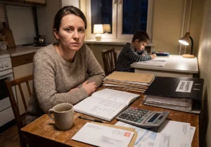 Kobieta przy kuchennym stole liczy budżet domowy i porządkuje dokumenty do upadłości konsumenckiej, a dziecko odrabia lekcje w tle.