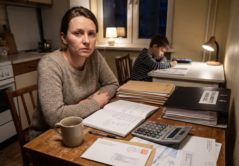 Kobieta przy kuchennym stole liczy budżet domowy i porządkuje dokumenty do upadłości konsumenckiej, a dziecko odrabia lekcje w tle.