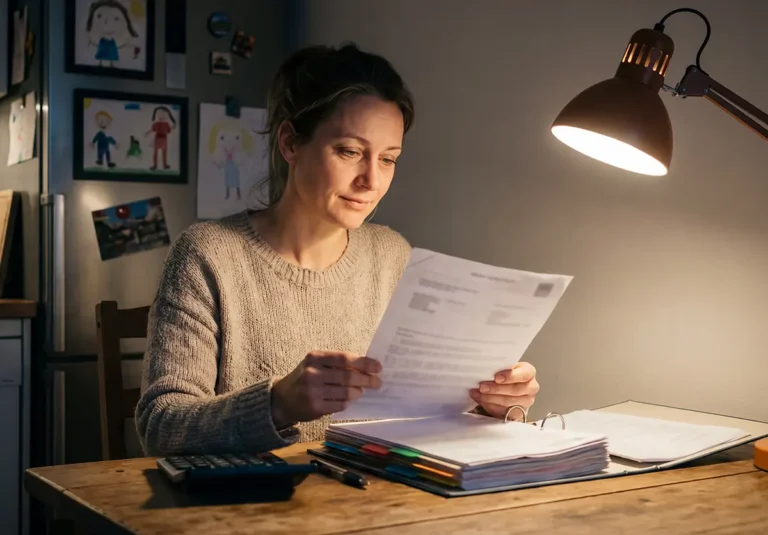 Kobieta analizuje dokumenty i porządkuje segregator z zakładkami przy lampce na stole - przygotowanie do upadłości konsumenckiej i mapa długów.